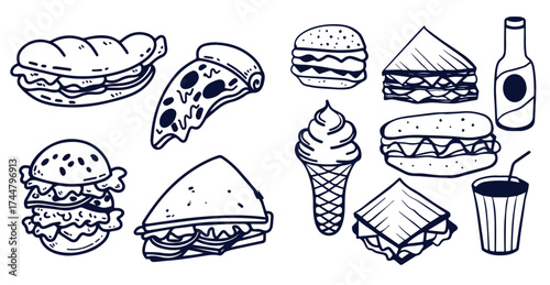Sketch fast food set on white background