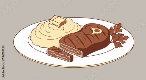 Delicious Steak and Mashed Potatoes Illustration for Culinary Arts, Recipe Guides, and Restaurant Menu Design Projects that needs simple and modern food representation