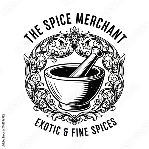The Spice Merchant logo featuring mortar and pestle with floral design.