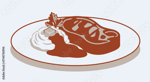 Appetizing steak dinner illustration with creamy sauce and parsley garnish, perfect for restaurant menus, culinary blogs, and food-related design projects.