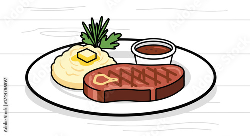 Delicious Steak Meal with Mashed Potatoes and Gravy Illustration for Culinary Menus and Recipe Guides, Ideal for Food Blogs or Restaurant Promotions
