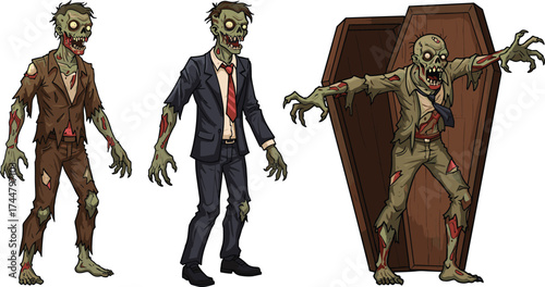 Cartoon zombies in business suits, creepy undead characters rising from coffin, Halloween horror monster design, spooky walking dead illustration, cad drawing flat vector illustration