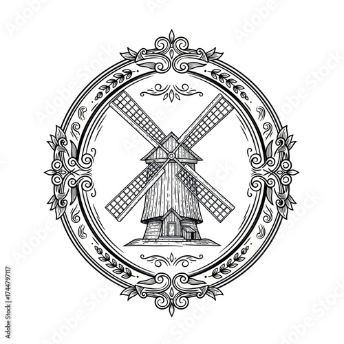 Traditional Windmill in Ornate Circular Frame Engraving Style.