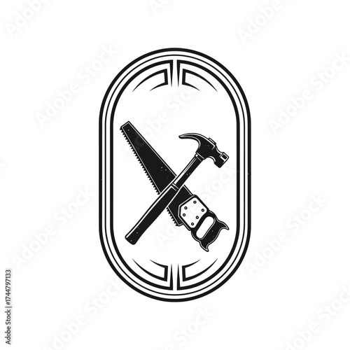 Vintage carpentry logo with crossed hammer and saw.