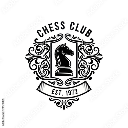 Vintage Chess Club Emblem with Knight Piece and Established Date.