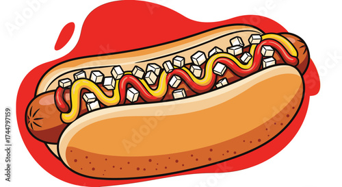 Delicious Hot Dog Illustration with Mustard, Ketchup, and Onion Toppings for Fast Food Menus and Culinary Art Projects
