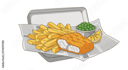 Classic Fish and Chips Illustration, a British Staple, Perfect for Food Blogs, Restaurant Menus, and Promoting Culinary Arts and Traditional Takeaway Cuisine