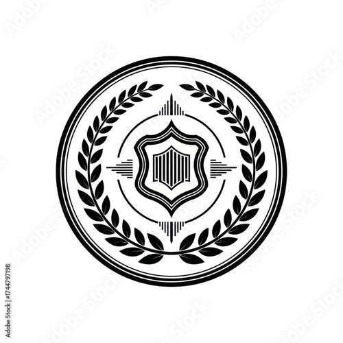 Vintage circular emblem with a central shield and laurel wreath.