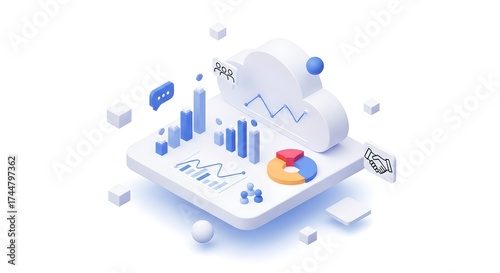 Abstract 3d isometric scene with blue charts graphs cubes and spheres for data analysis and business growth concepts