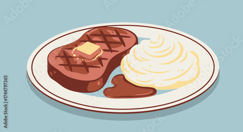 Delicious Grilled Steak with Mashed Potatoes and Gravy Illustration for Culinary Websites and Menu Design, Promoting Food Services