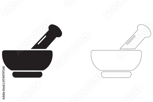 Mortar and Pestle Vector Illustration in Black and White for Culinary Herbal or Medical Applications Minimalist Design