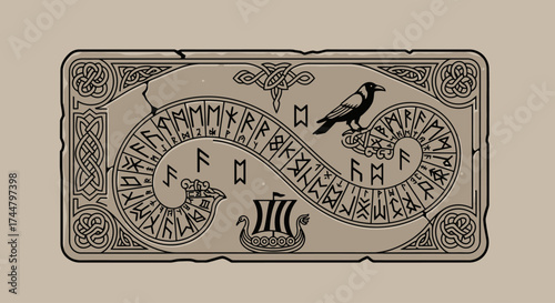 Norse Mythology Inspired Rune Stone Illustration Featuring Viking Ship, Raven, and Ancient Symbols for Historical, Cultural, and Educational Projects