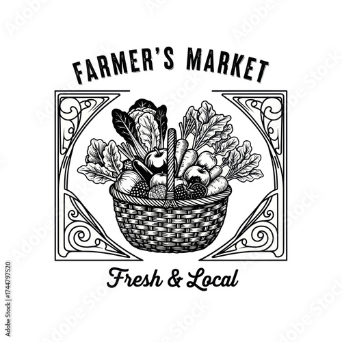 Vintage Farmers Market Emblem with a Basket of Fresh Vegetables.