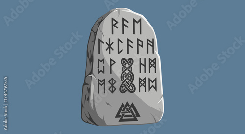 Ancient Runestone Engraved with Norse Symbols and Viking Script: Ideal for historical education, fantasy game assets, or cultural heritage preservation presentations