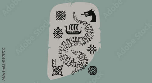 Detailed Viking Stone Carving Depicting Runes, Symbols, and Longship, Ideal for Historical Illustrations and Educational Resources about Norse Culture