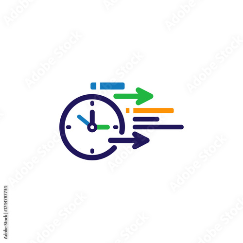 Abstract graphic of a clock with dynamic arrows symbolizing speed, efficiency, and rapid progress.