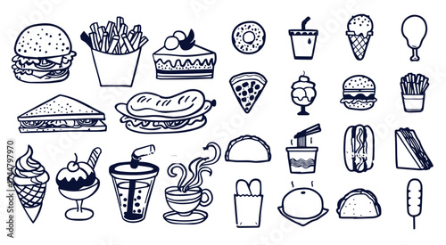 Sketch fast food set on white background