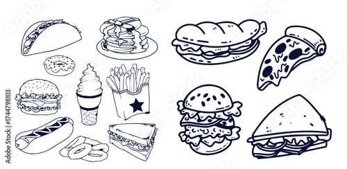 Sketch fast food set on white background