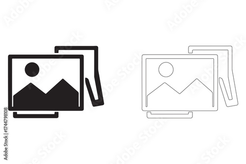 Picture frame icon illustration featuring landscape view in solid black and white outline representing memories and nostalgia