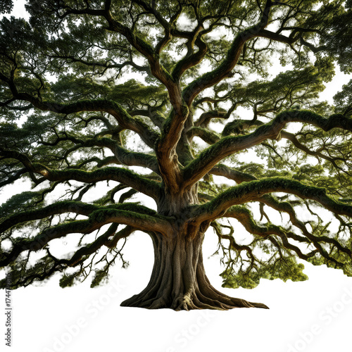 Sprawling tree with thick branches and dense green foliage