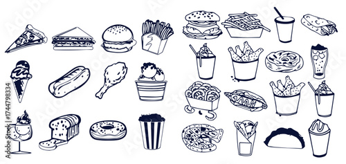 Sketch fast food set on white background