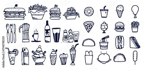 Sketch fast food set on white background