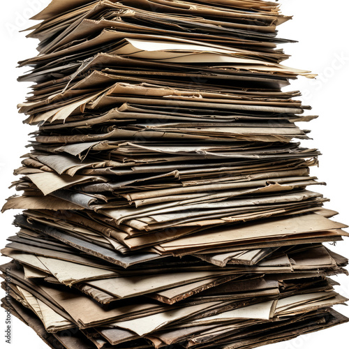 Stack Papers piled haphazardly, textured tan and brown. Angled close up