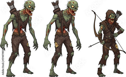 Zombie archer character design, creepy undead monster with bow, horror fantasy illustration, grotesque decayed corpse artwork, spooky Halloween archer concept, cad drawing flat vector illustration
