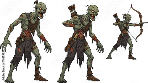 Zombie archer character, undead monster with bow and arrows, fantasy horror creature, decaying skin, glowing eyes, aggressive stance, cad drawing flat vector illustration