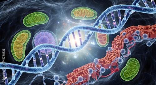 Intricate dna helix strands intertwined with vibrant mitochondria and cellular structures in a microscopic universe of genetic research and biotechnology