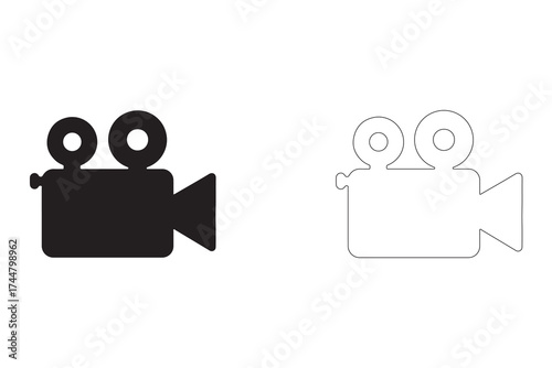 Retro Camera Icon Set for Film Production and Videography Creative Projects Two Styles Black Silhouette and Outline Version isolated on White Background