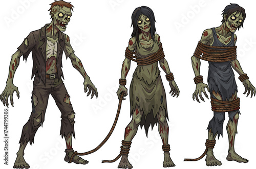 Zombie characters in horror scene, undead figures with ropes, creepy monster illustration, scary walking dead artwork, bound captive zombies, cad drawing flat vector illustration