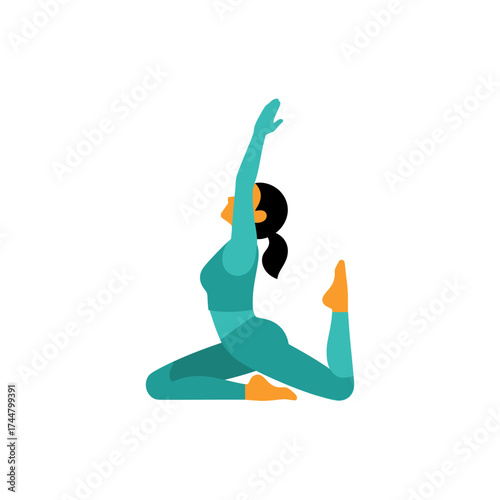 A vibrant flat illustration of a woman in a teal jumpsuit gracefully performing a challenging yoga backbend pose.