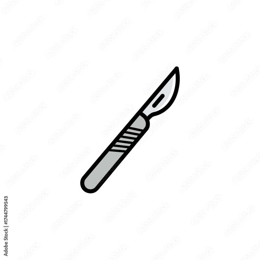 Fototapeta premium A simple vector icon depicting a sharp surgical scalpel with a grey handle and a curved blade.