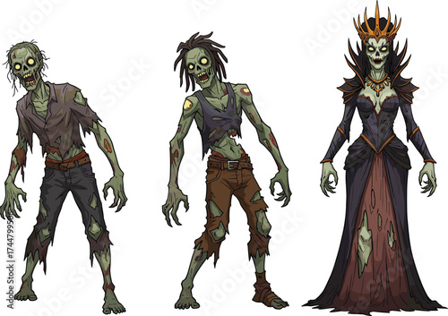 Zombie characters, undead queen, horror illustration, scary monster design, creepy walking dead, gothic fantasy art, cad drawing flat vector illustration