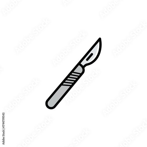 A simple vector icon depicting a sharp surgical scalpel with a grey handle and a curved blade.