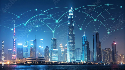 Shanghai cityscape at dusk with network visualization overlay showing interconnected nodes across illuminated buildings and skyline.