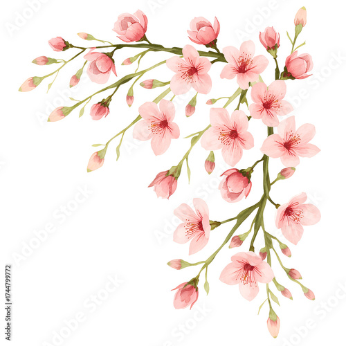 Watercolor pink cherry blossom branches with buds isolated on a transparent background