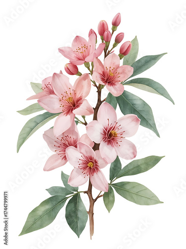 Watercolor pink cherry blossom branch with buds and leaves isolated on a transparent background