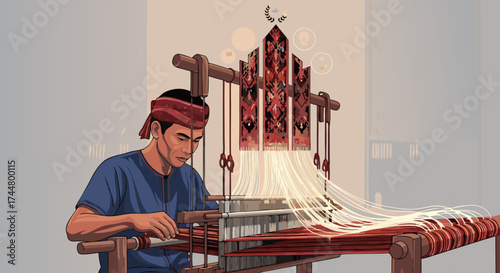 Traditional Textile Weaving Process Illustration Showing a Skilled Artisan Working on a Loom