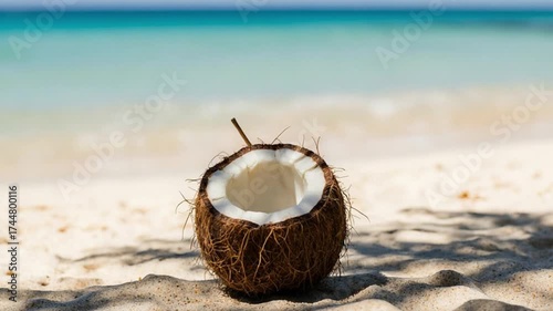 Wallpaper Mural Half Coconut on Sandy Tropical Beach – Exotic Summer Concept Torontodigital.ca