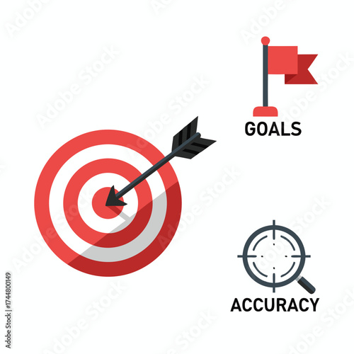 Target with Arrow Hitting Center and Symbols Representing Goals and Accuracy