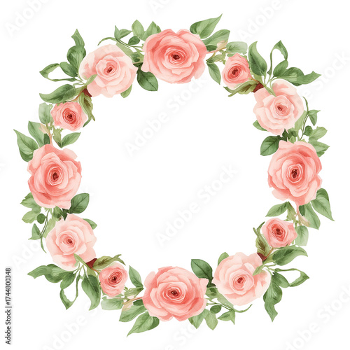 Watercolor pink roses and green leaves wreath isolated on a transparent background rose wreath