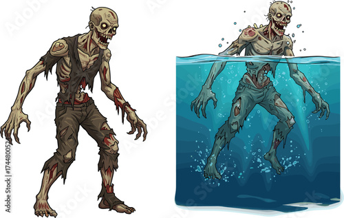 Zombie monster standing on land and submerged in water, creepy undead creature illustration, horror character design, scary cartoon artwork, cad drawing flat vector illustration