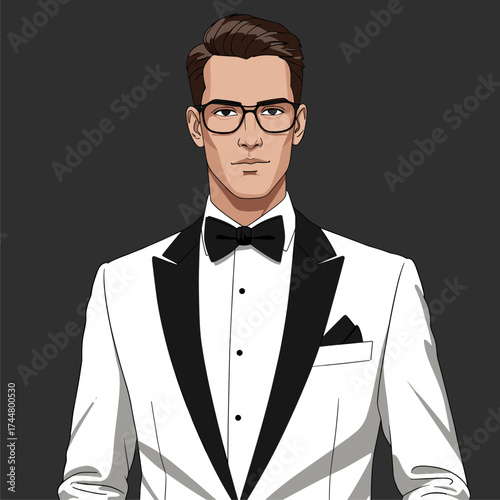 Elegant Cartoon Man in White Tuxedo and Glasses. Sophisticated Formal Wear Illustration for Events.