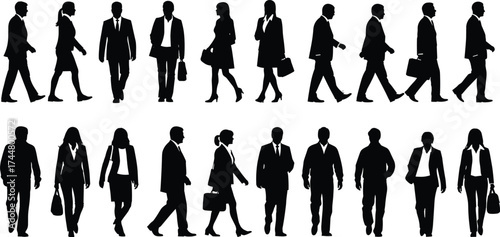 Business people walking silhouette set, professional attire vector, corporate character poses, office staff illustration, formal outfit clipart, workplace diversity design