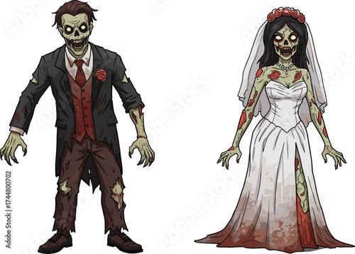Zombie wedding couple cartoon illustration, horror bride and groom artwork, spooky Halloween design, creepy undead characters, scary monster vector drawing, cad drawing flat vector illustration
