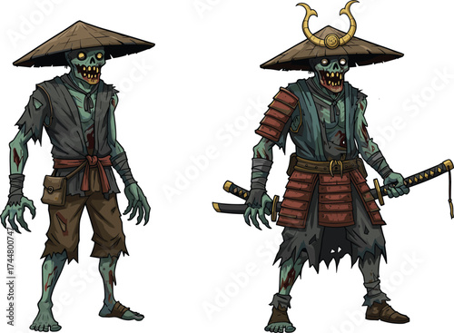 Zombie samurai warriors, undead Japanese fighters, horror fantasy illustration, evil swordsmen with glowing eyes, dark armor, traditional straw hats, spooky character design