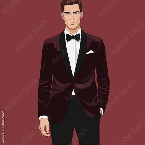 Elegant Man in Burgundy Velvet Tuxedo Jacket and Bow Tie, Stylish Formal Wear Illustration