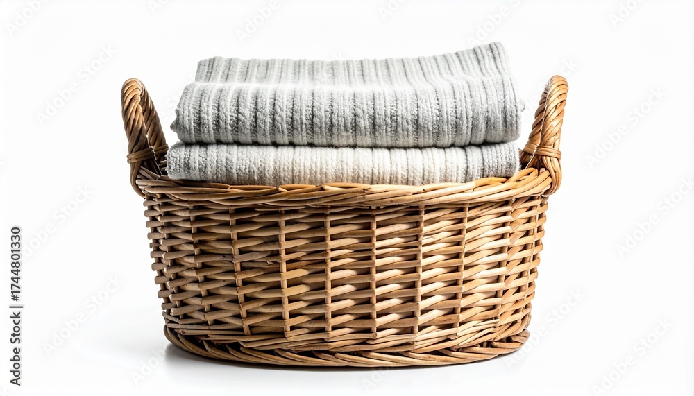 Obraz premium Laundry Basket with Folded Clothes on White Background